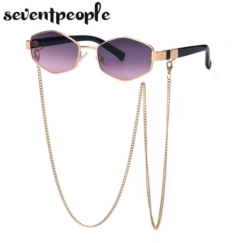 Fashion Small Irregular Sunglasses Women  Luxury Brand Designer Trendy Polygonal Sun Glasses Ladies with Metal Eyewear Chain