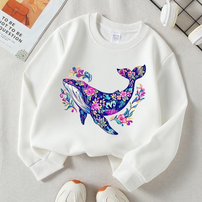 Kids Crewneck Sweatshirt, Colorful Floral Whale Print, Soft Casual Pullover for Fall Winter