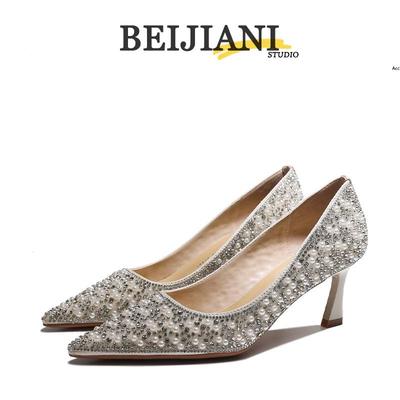 BEIJIANI 3358-7 Schafsleder Strass Perle High Heel Xiuhe Braut Hochzeitsschuhe