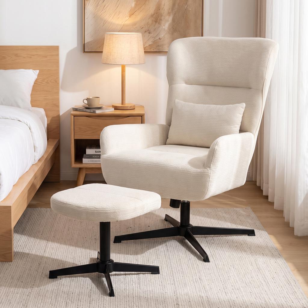 360 Degrees Swivel Lounge Chair with Stool, Height-Adjustable, Chenille Cover, with Lumbar Cushion, Cream White