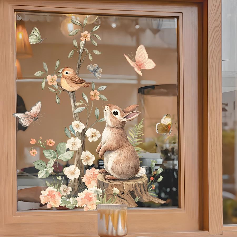 Static Cling Window Sticker Cartoon Rabbit Flower Bird Butterfly Double Sided Visible Glass Home Decor