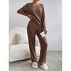 Women's Loose Knit Loungewear Set Long Sleeve V Neck Top Elastic Waist Wide Leg Pants