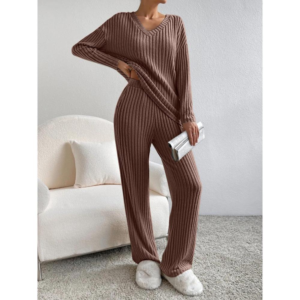 Women's Loose Knit Loungewear Set Long Sleeve V Neck Top Elastic Waist Wide Leg Pants