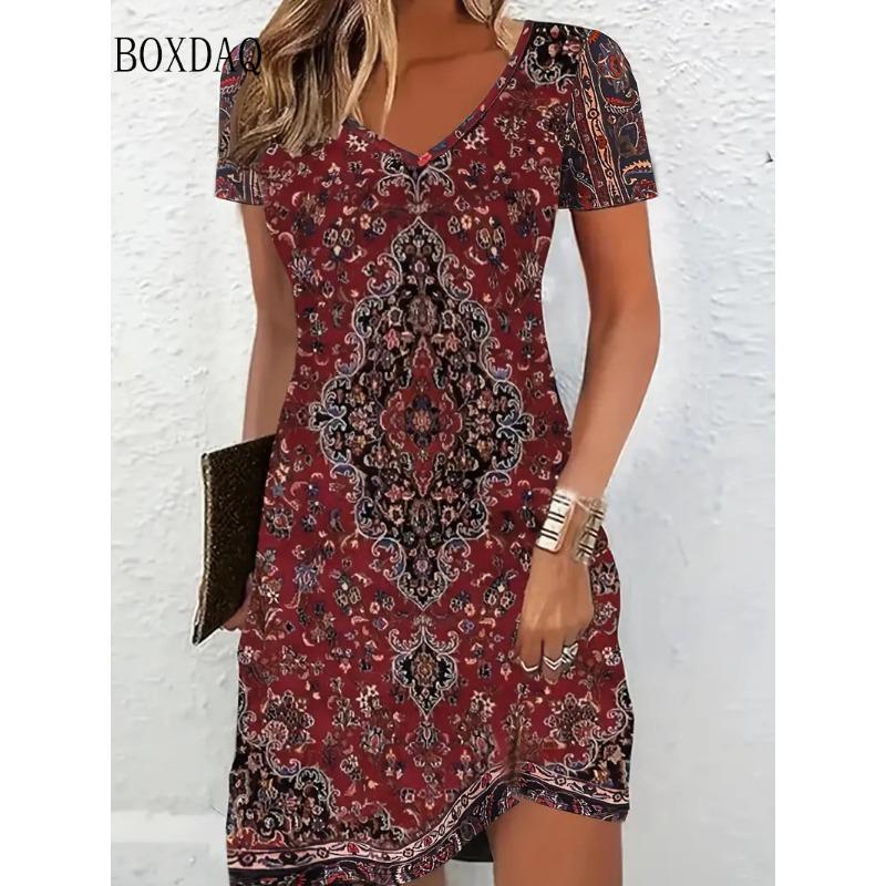 3D Vintage Women Flowers Printed Dresses Summer Plus Size Short Sleeve V-Neck Casual A-Line Knee-length Dress Loose