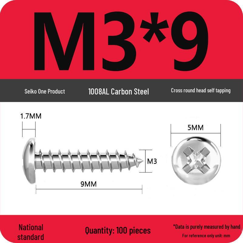 Galvanized Self-Tapping Screws, Round Head, White Zinc, PA Cross Pan, Pointed Tail M1.2-M4