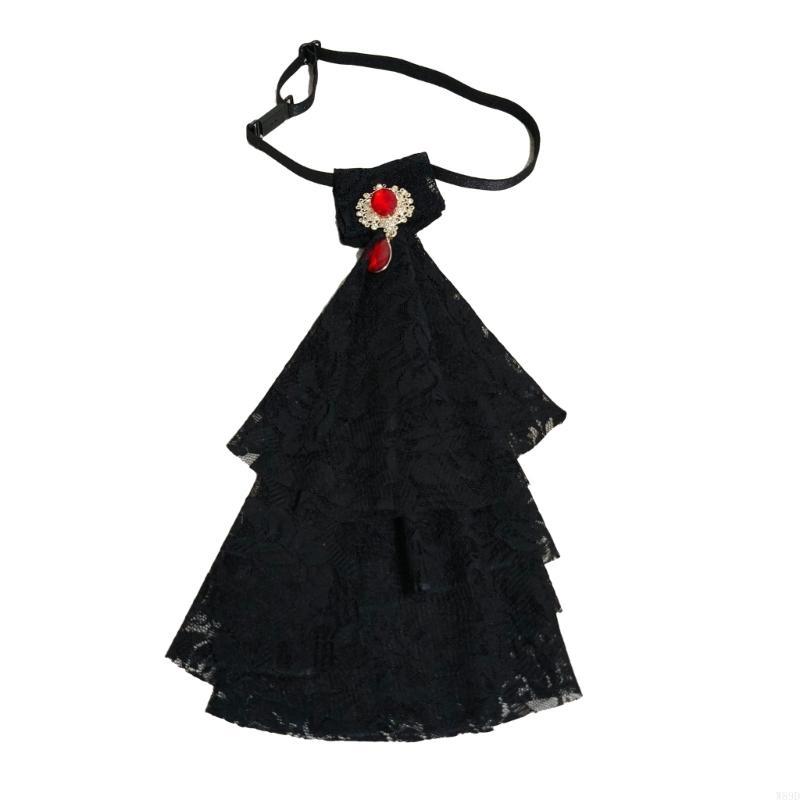 Rhinestones Ruffled Lace Jabot Victorian Renaissances Detachable Faux Collar for Themed Gatherings and Theatrical Wear
