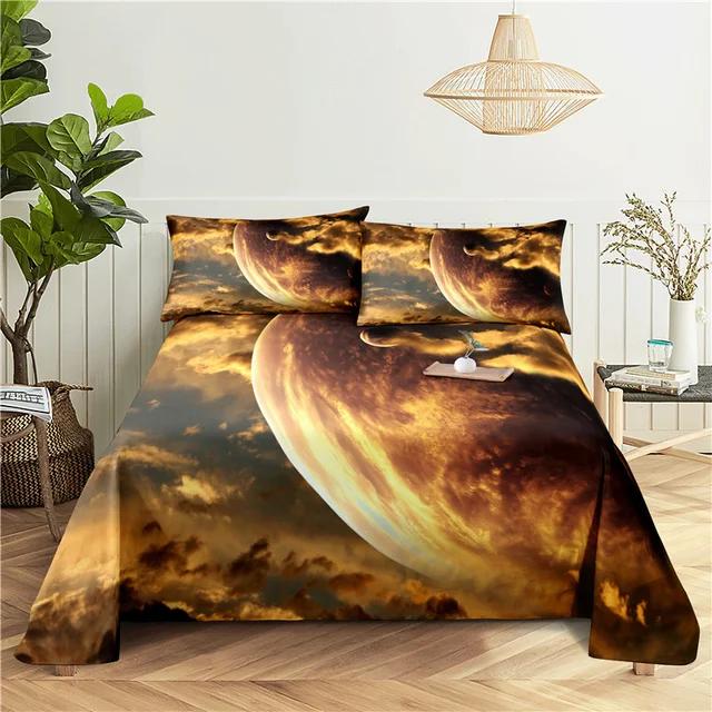 Galaxy Cosmic Planets Bed Sheet Set Soft Polyester Bed Flat Sheet With Pillowcase Romantic Universe Print Bed Sheet Home Textile
