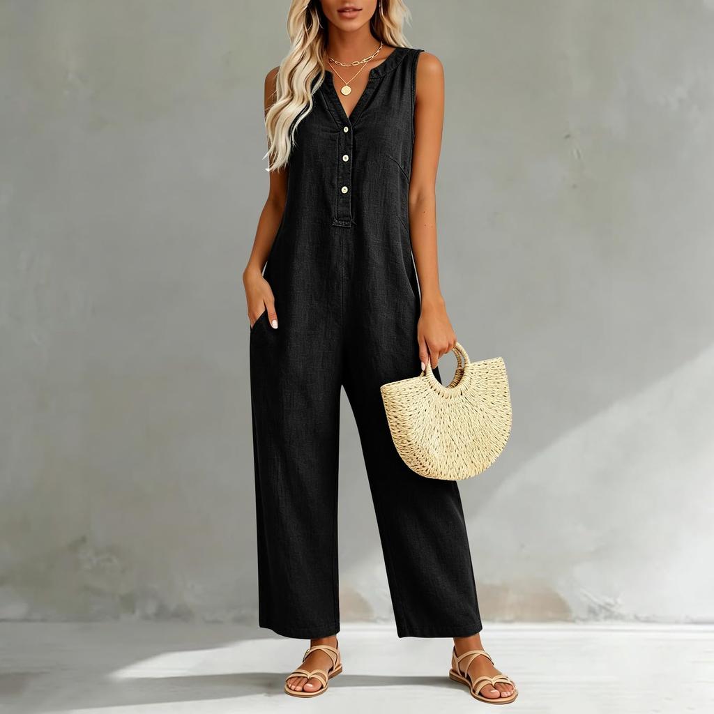 Damen Freizeit Ärmelloser V-Ausschnitt Knopfleiste Strampler Weiter Baggy Latzhose Mit Tasche
