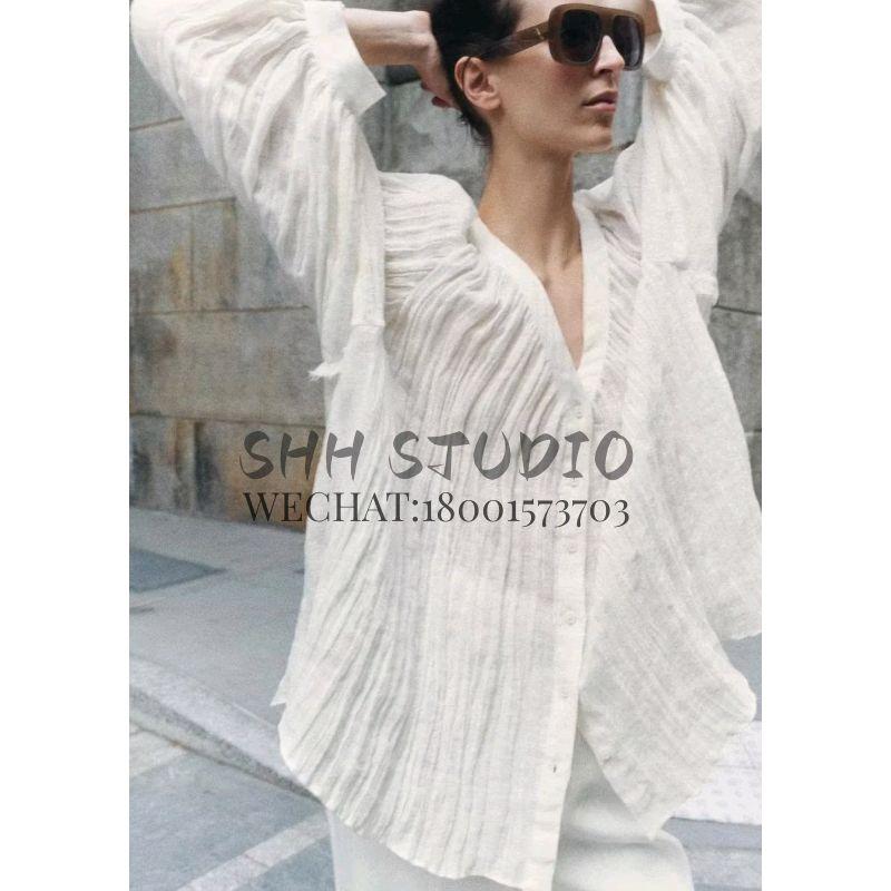 Spring New French Lazy Style Temperament V-neck Long Sleeve Ruched Linen Blended Fluffy Shirt 8224051