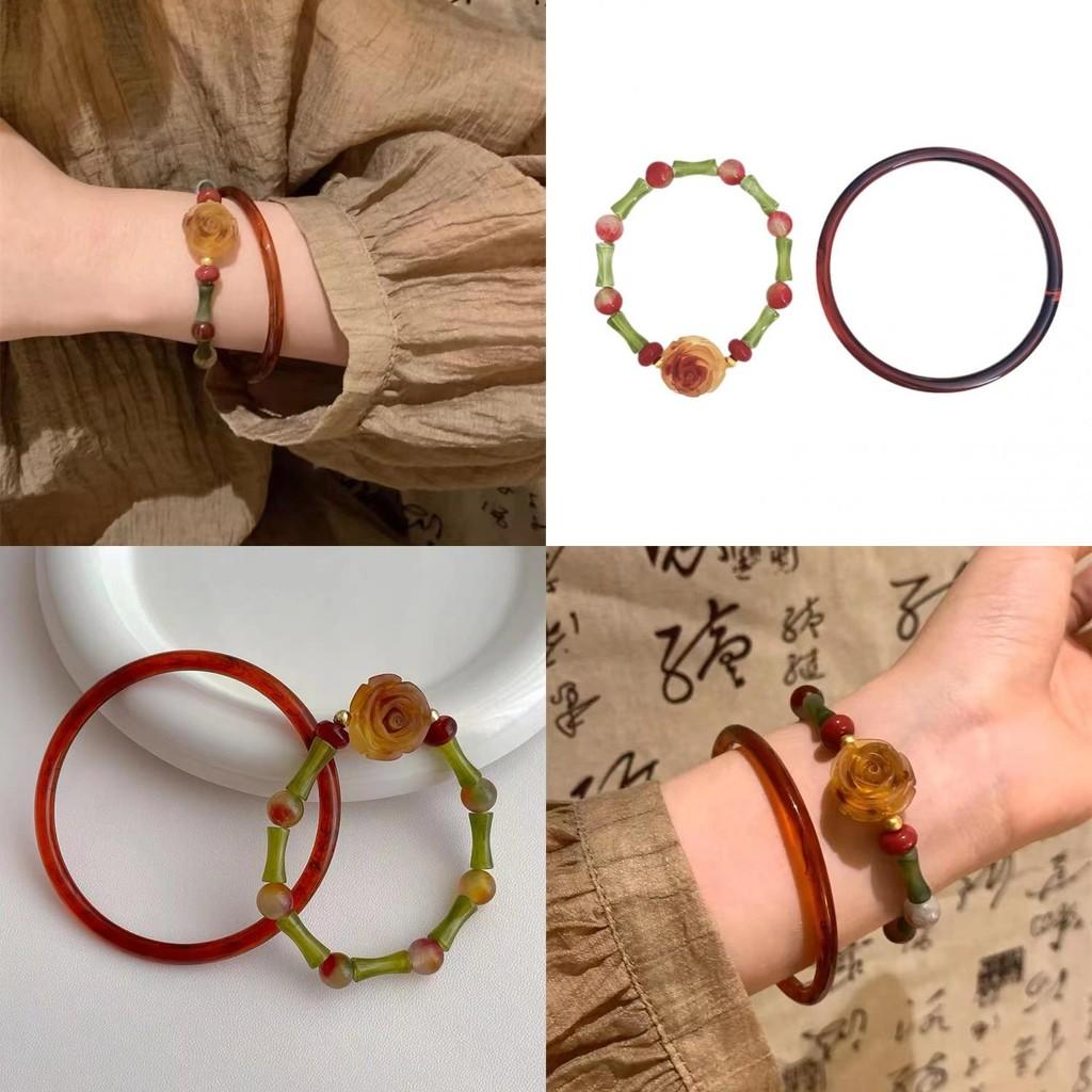 Exquisite Handcrafted Rose Beaded Bamboo Bracelet For Women Vintage Artistic Resin Bangle