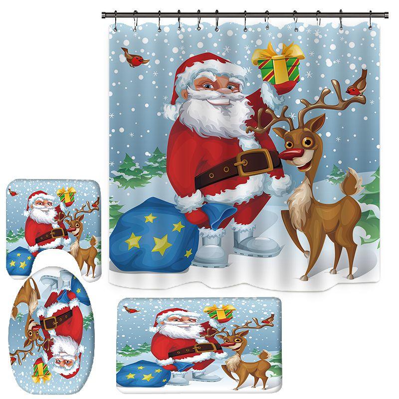 

Рождественская занавеска для душа в ванной, комплект из 4 предметов, узор снеговика, Санта-Клауса, водонепроницаемая занавеска для душа, коврик для унитаза, нескользящий коврик