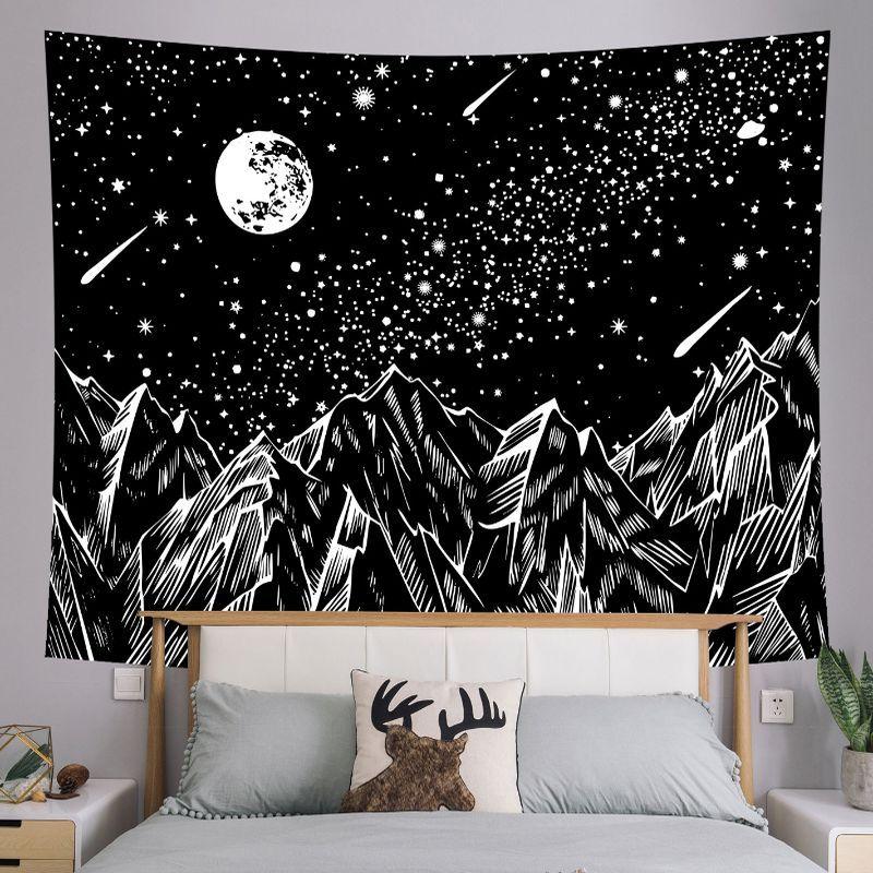Black White Starry Mountain Moon Wall Tapestry Night Sky Pine Tree Forest Landscape Line Art Minimalist Nature Decor Soft