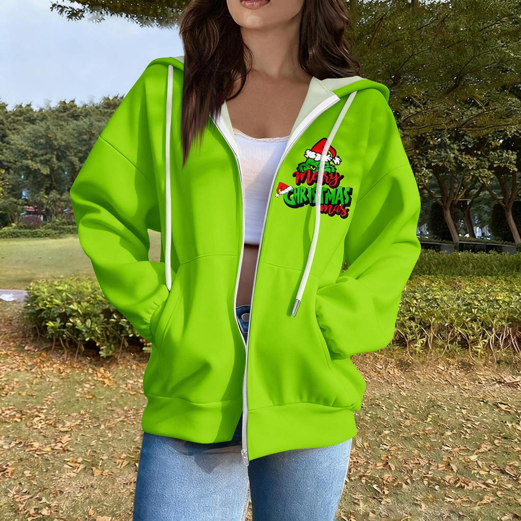 Women's Casual Fashion Long Sleeve Zipper Printed Hooded Sweatshirt