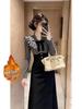 Golden Velvet Ruffle High-Waist Slimming Dress - French Retro Style for Autumn/Winter