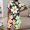 Women Plus Size Round Neck Short Sleeve White Floral Printed Two Piece Shorts Set