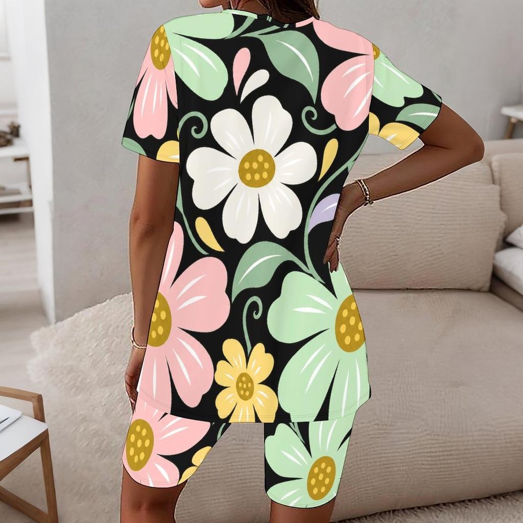 Women Plus Size Round Neck Short Sleeve White Floral Printed Two Piece Shorts Set