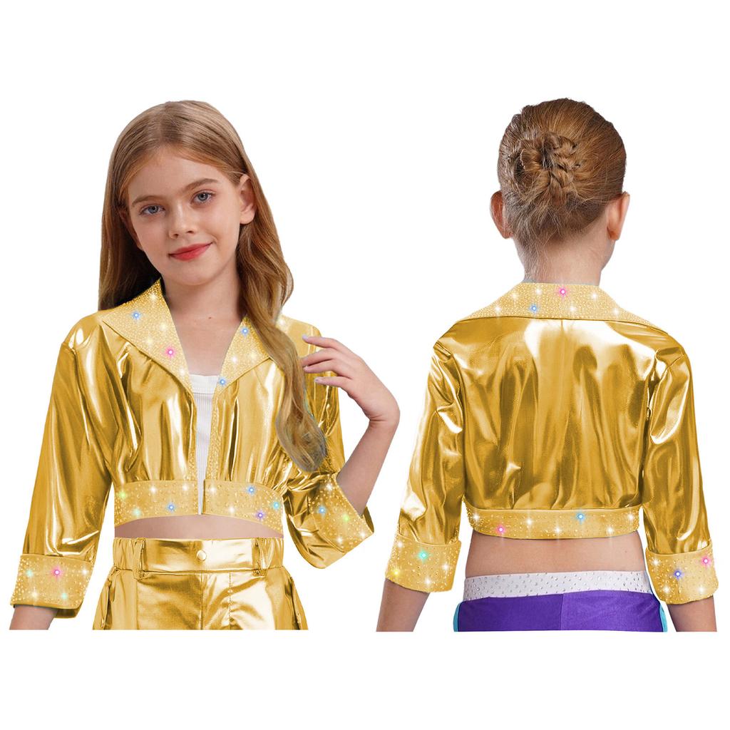 Kinder Bühnenauftritt Jacke Mädchen Jazz Dance Oberbekleidung Glänzende Strasssteine mit Reverskragen