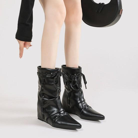 

Cowhide~ Retro niche design sense inner height increase pointed western cowboy boots new short boots women s short tube stacking boots 40 чёрный