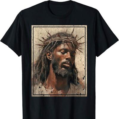 Black Jesus Shirt, Unisex T-shirt with Jesus Face, Cross, and Crown of Thorns.