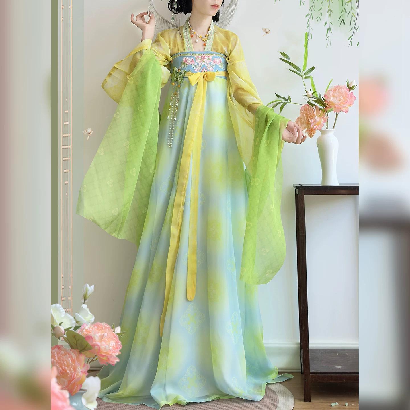 Women s Tang Dynasty Hanfu Set, Elegant Gradient High Waist Ruqun Skirt & Cardigan, Daily Fairy Outfit L разноцветный