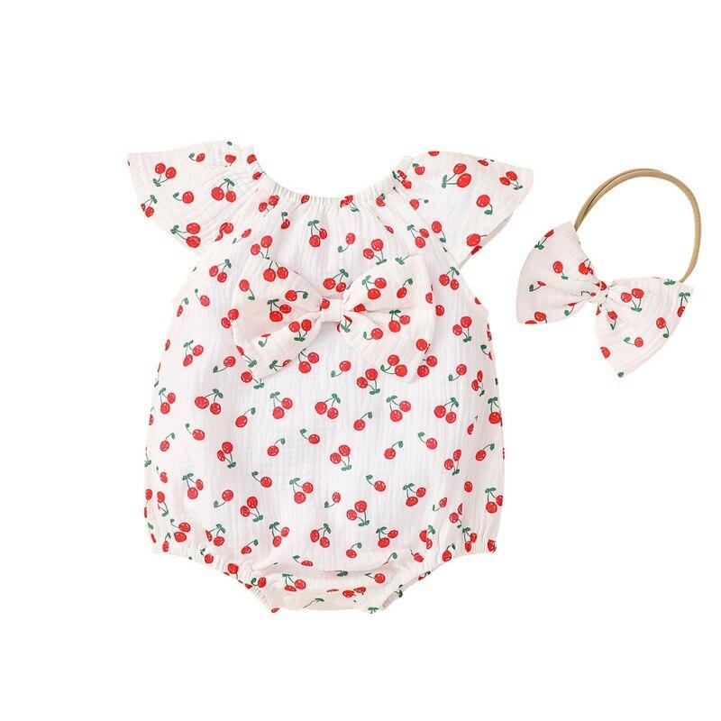 

Летние милые боди для маленьких девочек, хлопковый комбинезон с расклешенными рукавами и вишневым принтом, боди с бантом + повязка на голову, повседневный комбинезон, комплект L