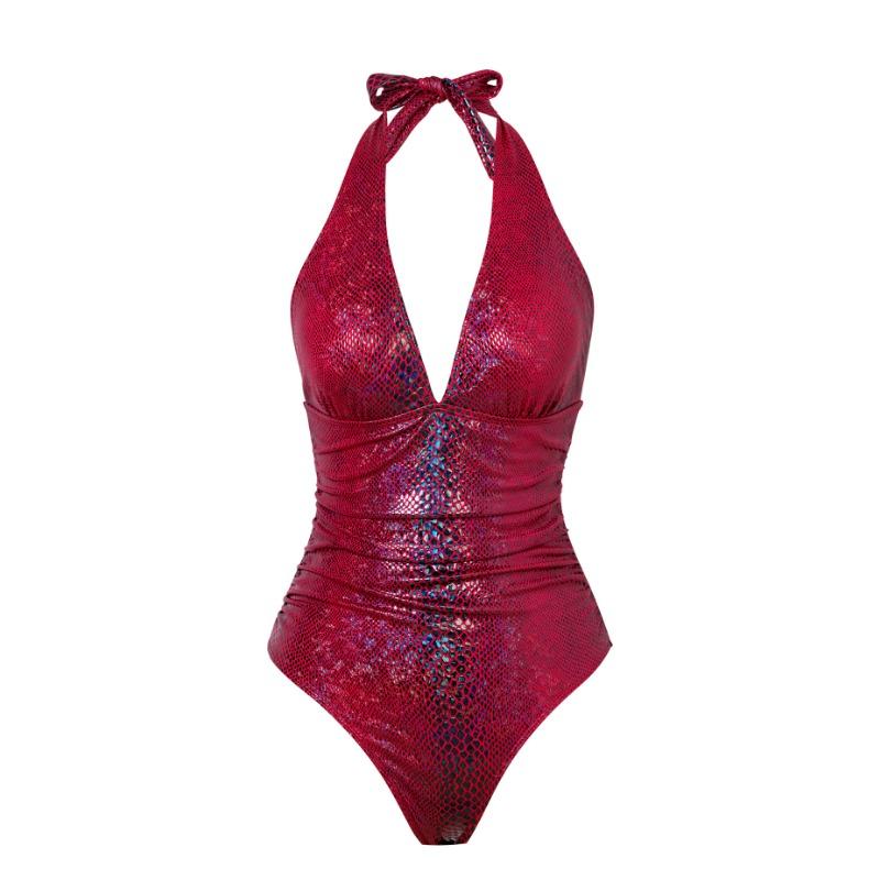 

Halter Deep V Snake Print Metallic One Piece Swimsuit Tummy Control High Cut Bathing Suit S червоний