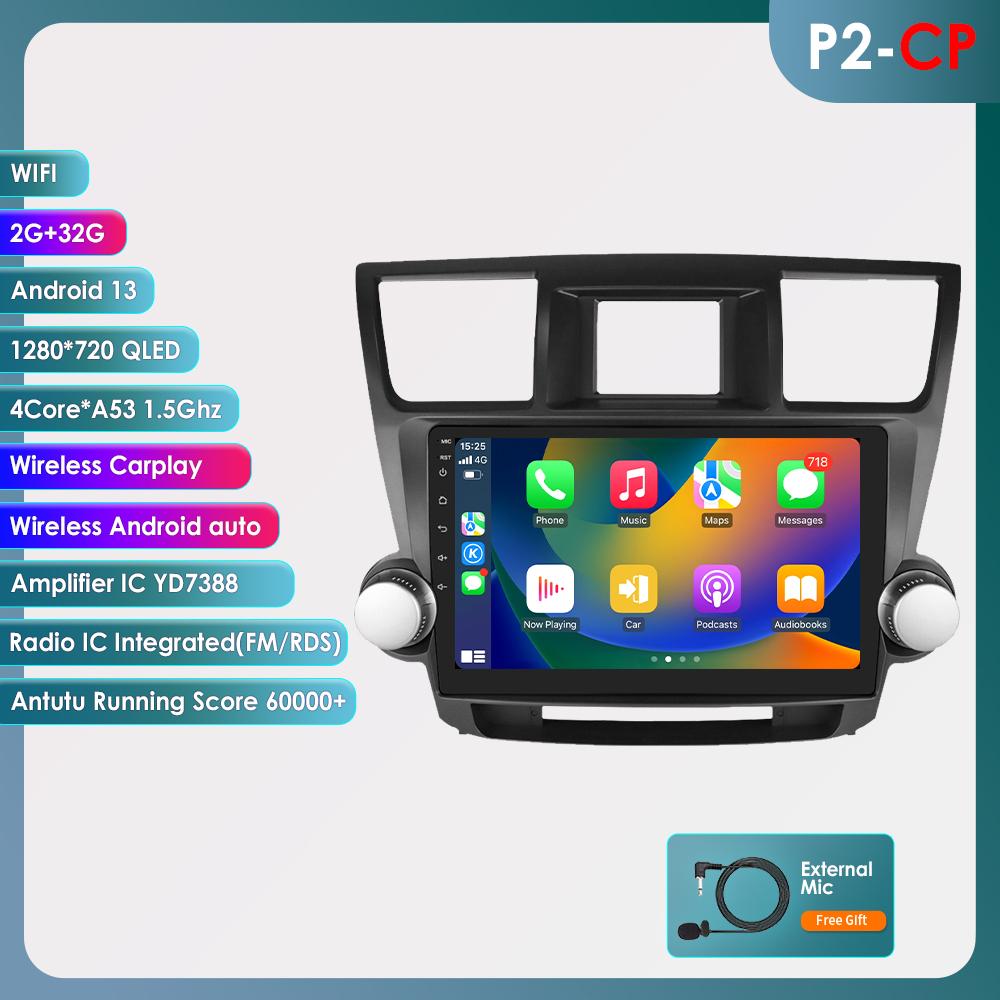 2 Din Android 12 Car Radio for Toyota Highlander Kluger 2 XU40 2007-2013 Navi GPS Multimedia 4G  Intelligent Screen Video Player Auto Stereo Carplay