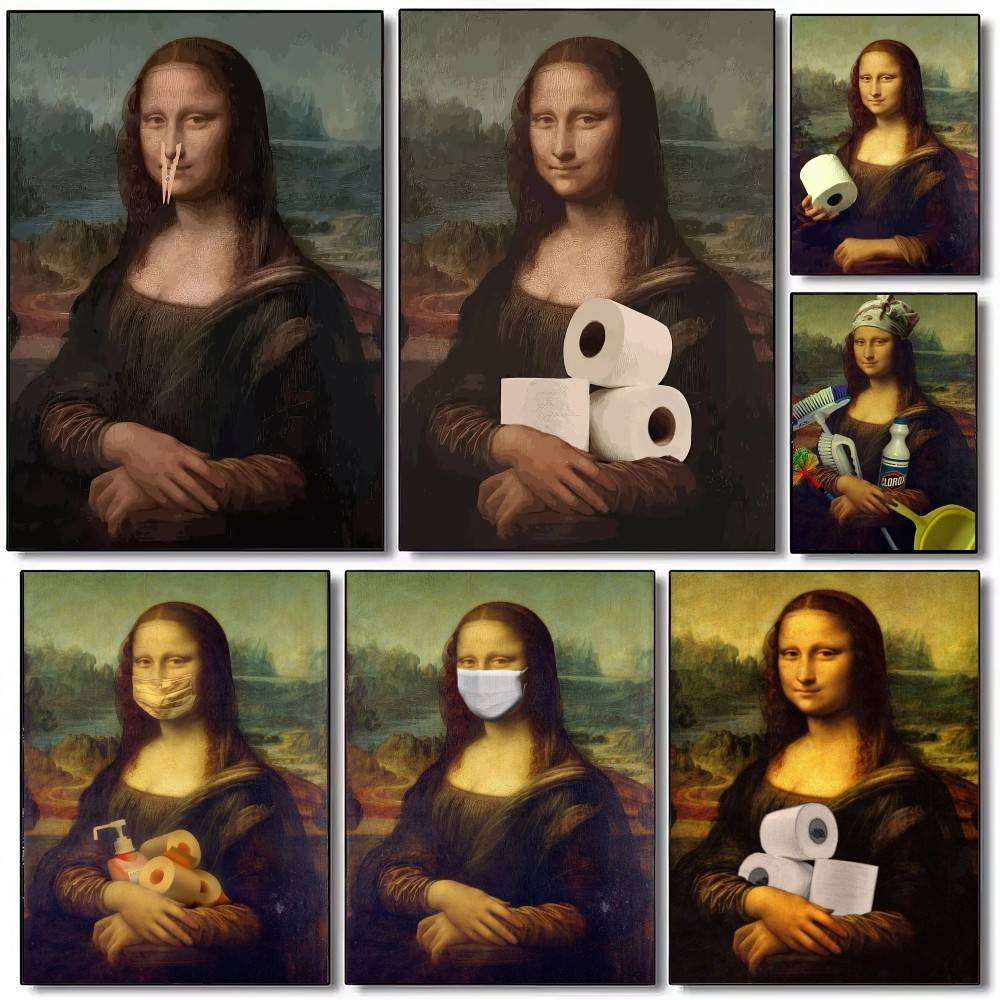 Funny Bathroom Toilet Decoration Painting Mona Lisa Wearing Pearls Girl With Roll Paper Canvas Prints Posters Home Wall Decor