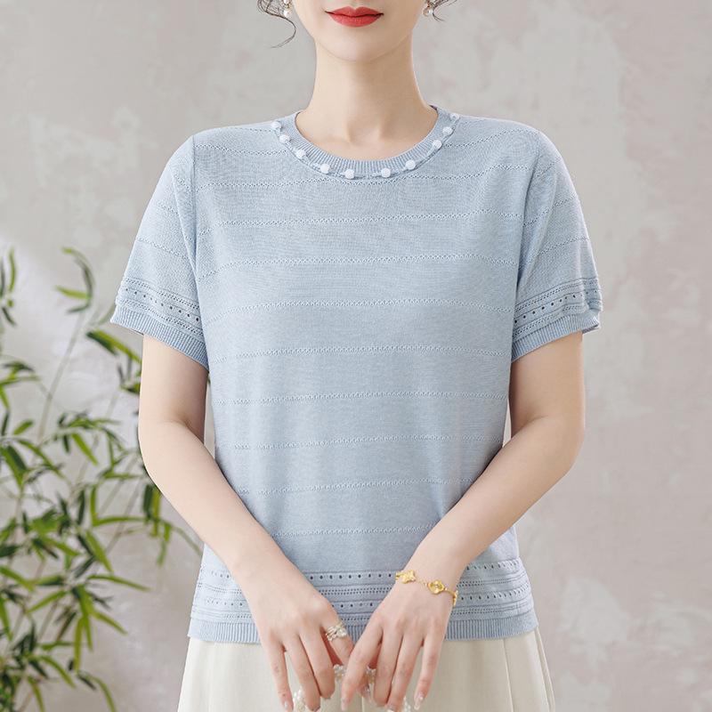 2026 Women's Tencel Knit Hollow Woven Half Sleeve Round Neck Top
