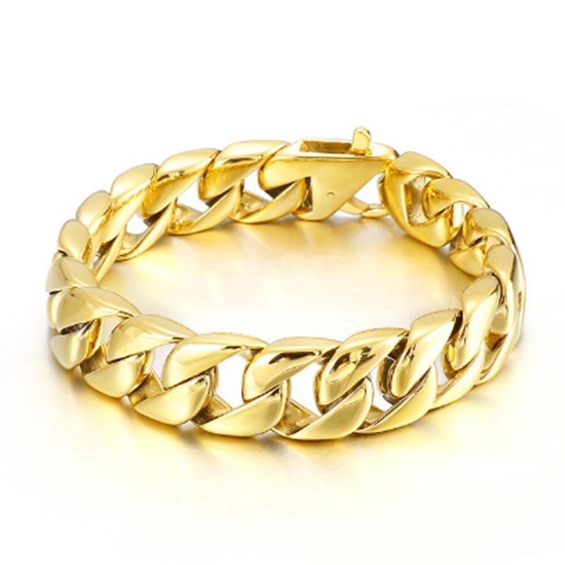 15MM Wide Simple Cuban Chain Bracelet For Men Hip Hop Polished Charms Accessories Golden Trendy Jewelry Boys Girls Party Gifts