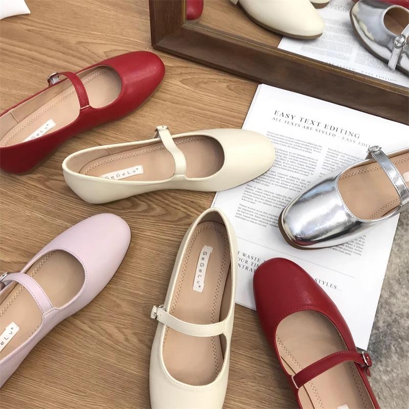 Fashion Flat Shoes Women's 2025 Spring New Red Round Toe Mary Jane Shoes Silver Working Outdoor Plus Size 42 43 44 Women's Shoes
