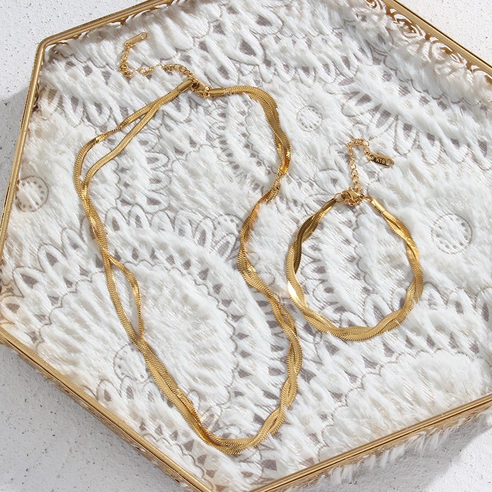 18k Gold Plated Waterproof Braided Herringbone Chain Necklace Bracelets Set Stainless Steel Jewelry for Women