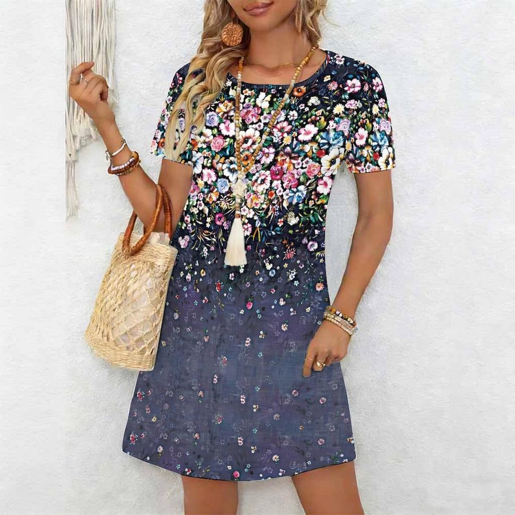 Women's Fashion Graceful Beautiful Broken Flowers and Fruits Print Summer Spring Short Sleeve O-Neck Casual Dresses
