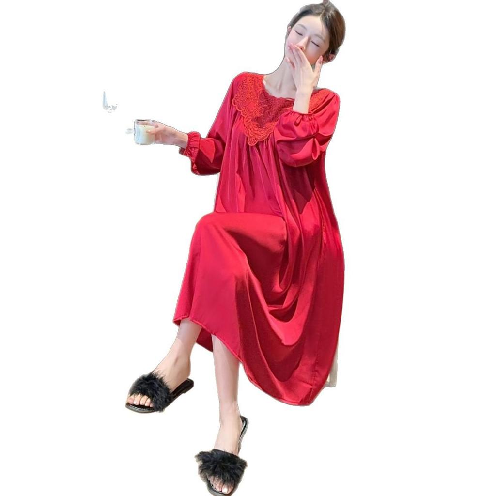 2026 French High-End Lace Cutout Long Sleeve Ice Silk Sleep Dress for Women