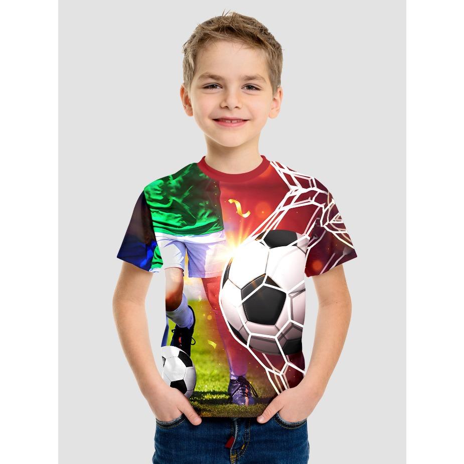 Kids T-shirts Summer Boys' Short Sleeved T-shirt 3D Printed Illusion, Cartoon Sports Football Top for Middle Aged Children Tees