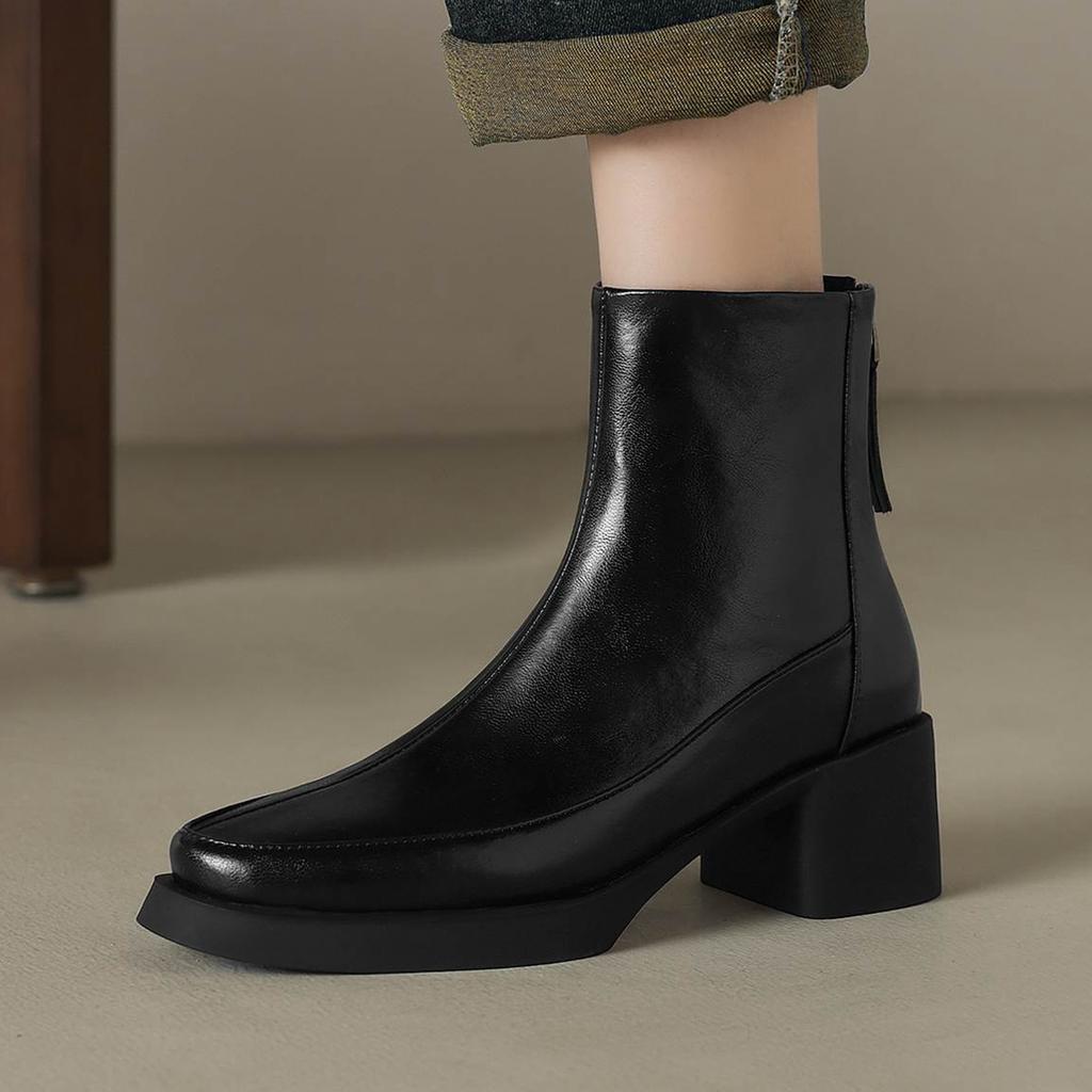 Krazing Pot Cow Skin Winter Round Toe Chunky Heels Motorcycle Boots Size 43 Zipper Women Platform Ankle Boots