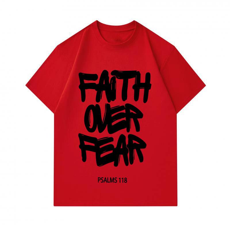 Men 100% Cotton Crew Neck Short Sleeve T-Shirt, Faith Over Fear Psalms 118 Print Casual Comfortable Tee, Religious Inspirational Graphic Loose Fit Sum