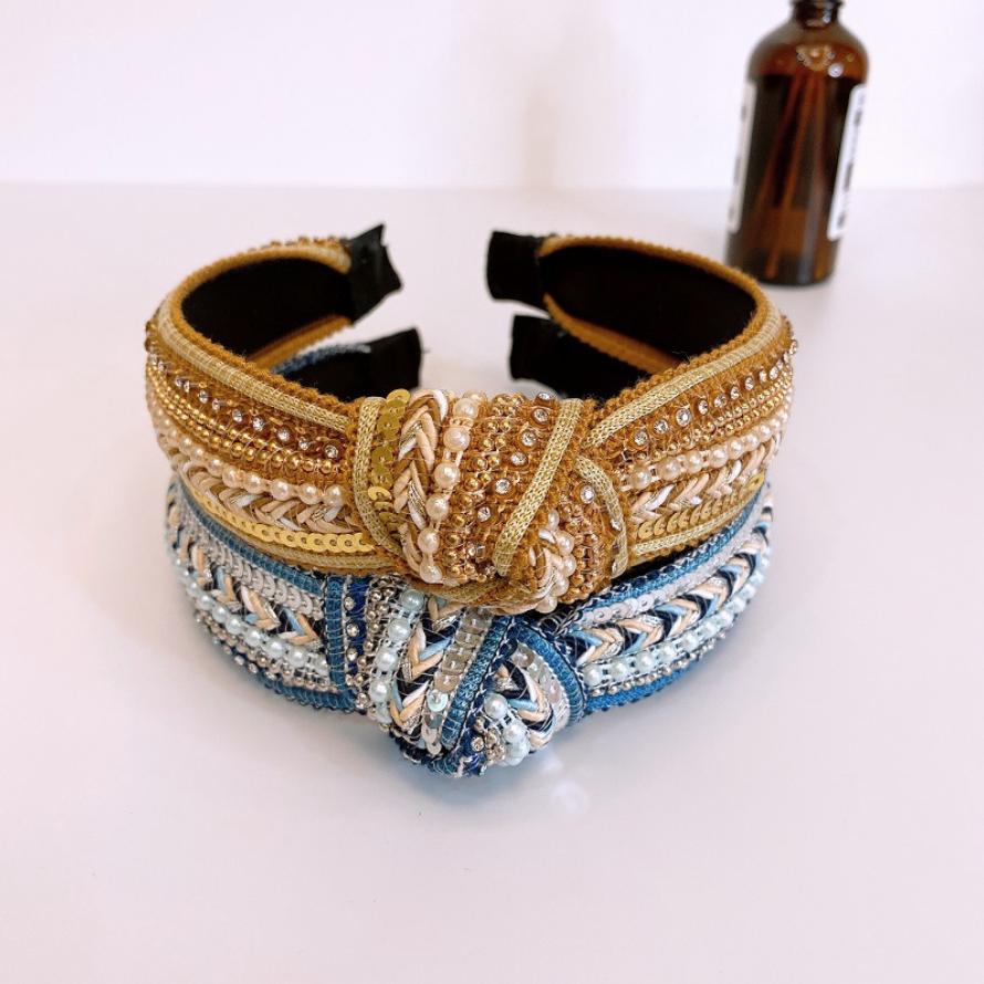 Boho Rhinestone Faux Pearl Knotted Headband Shiny Sequin Head Hoop Elegant Hair Accessories For Women Girls Wide Band Gifts