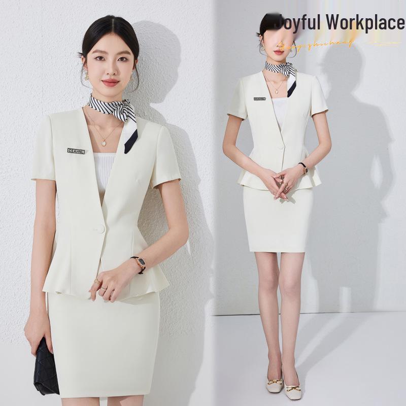 

Women s Dark Blue Waist-Cinching Short-Sleeved Suit Set - 2025 New Professional Hotel Front Desk Workwear S