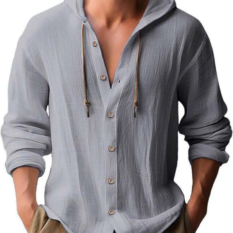 Men's Casual Long Sleeved Shirt, Cotton and Linen T-shirt, Hooded Fashionable Trend, Versatile Loose Fit, Beach Hoodie