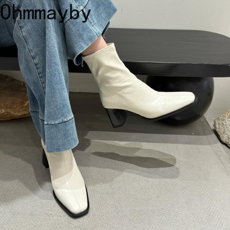 Vintage Square Toe Dick Absatz Damen Stiefelette Mode Square Toe Damen Elastische Schlanke Kurze Stiefeletten Herbst Winter Damen Schuhe