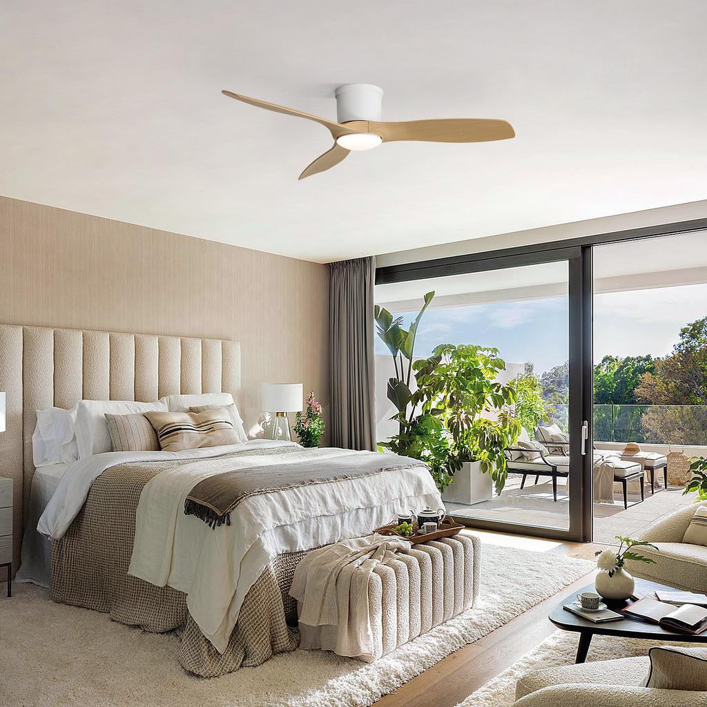 52-Inch Flat Ceiling Fan with Remote Control, 3 ABS Blades, Reversible DC Motor, Super Quiet Operation, and Dimmable LED Lighting.