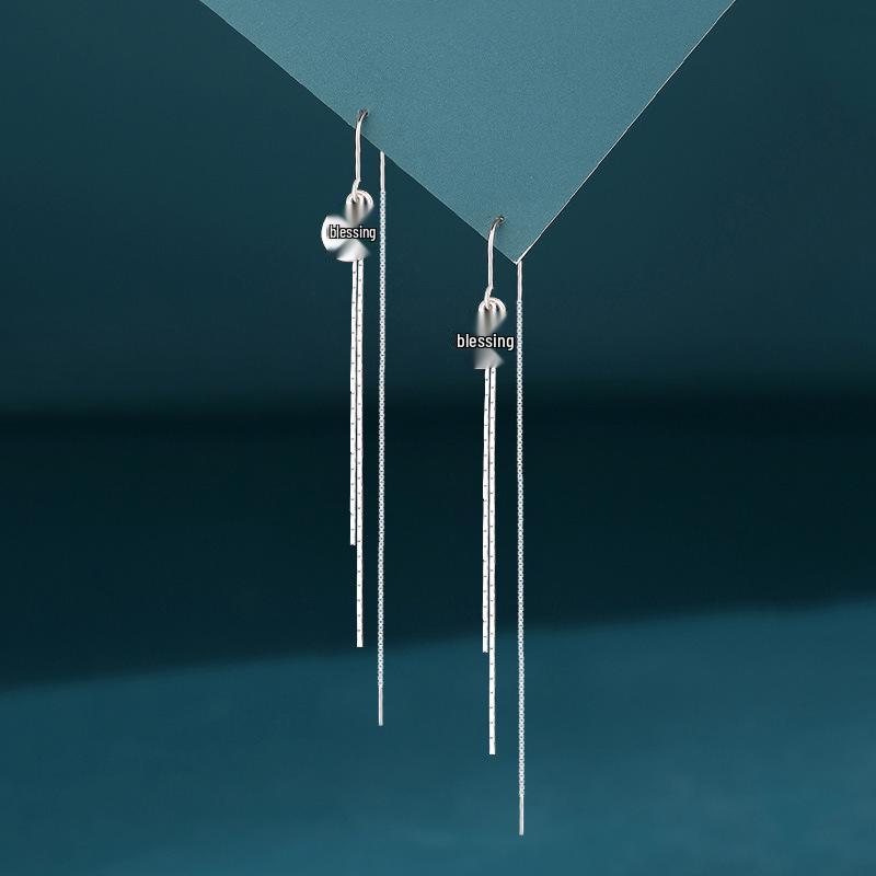 S925 Sterling Silver Chinese Fu Character Anti-Lost Tassel Earrings – Women's Versatile Long Pendant for Clubbing