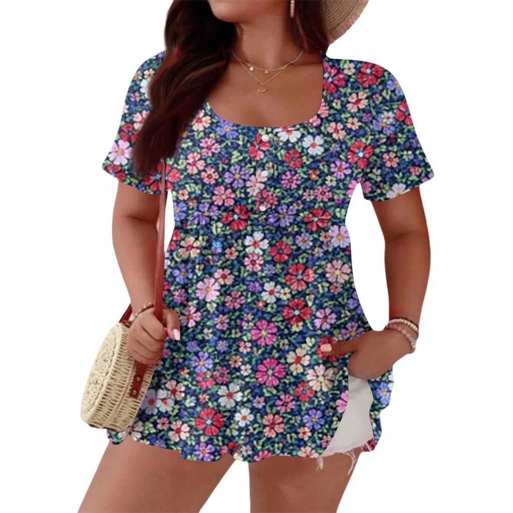 Women's Fashionable Casual Short Sleeve Loose Fit Button Front Printed Blouse