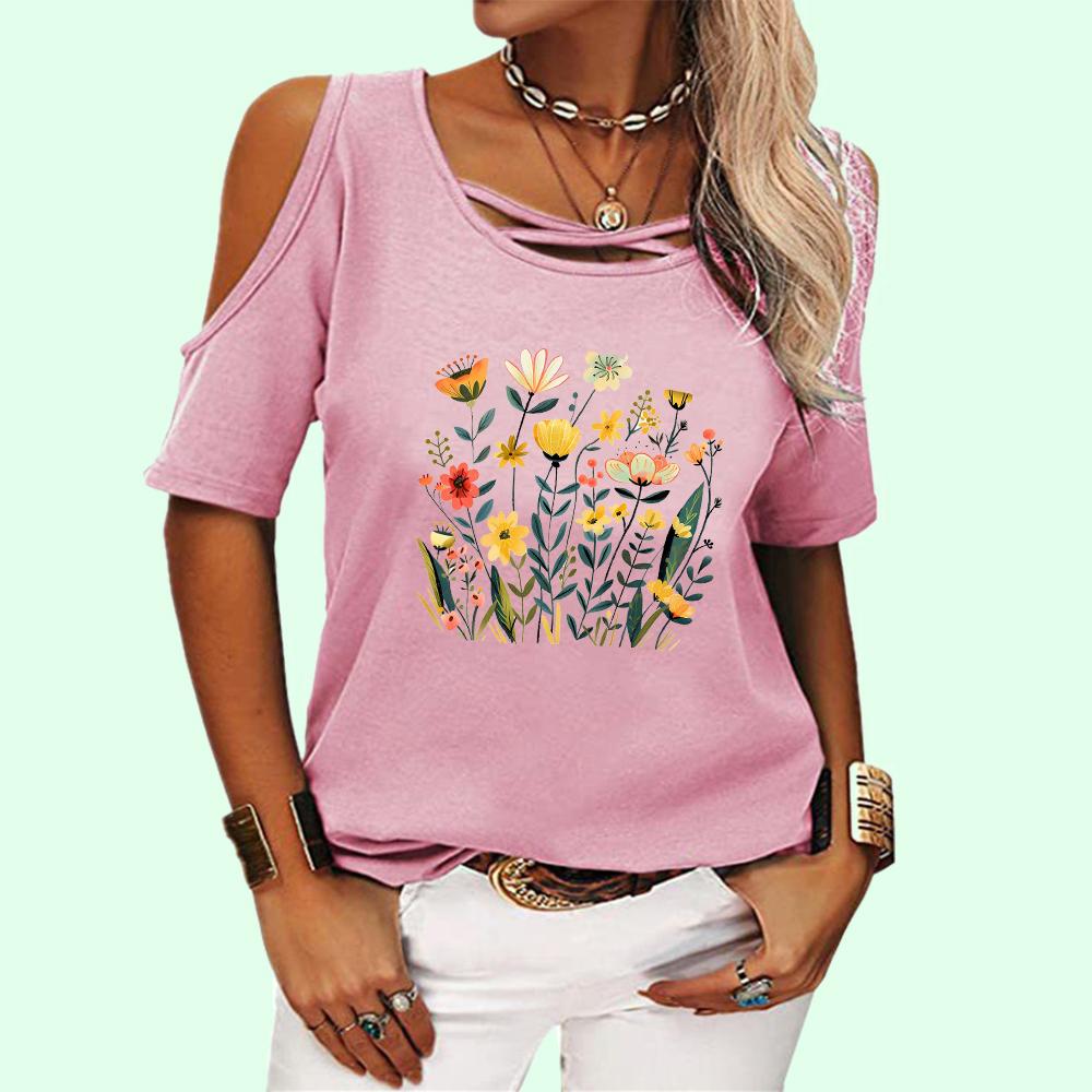 T-shirt Mode Femme Col Rond Imprimé Floral Pull Été Haut Épaules Dénudées Décontracté Manches Courtes