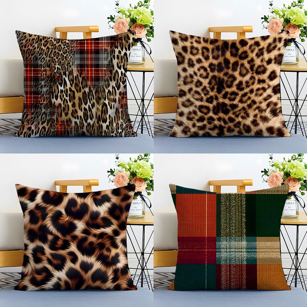 Plaid Leopard Print Textures Pillow Cushion Cover Linen Pillowcase Soft For Sofa Bed Home Room Decor