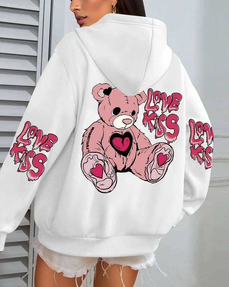 Women's Pink Love Kiss Letter Print Hoodie - Autumn Casual Loose Fit Fleece Pullover with Pocket.