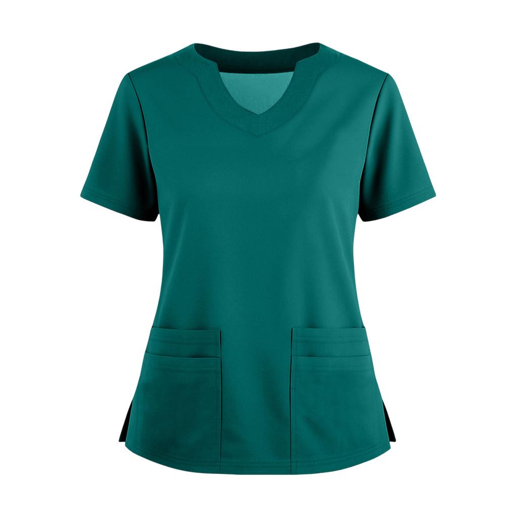 Women's Short Sleeved Solid Color V-neck Buttonable Side Slit Top T-shirt