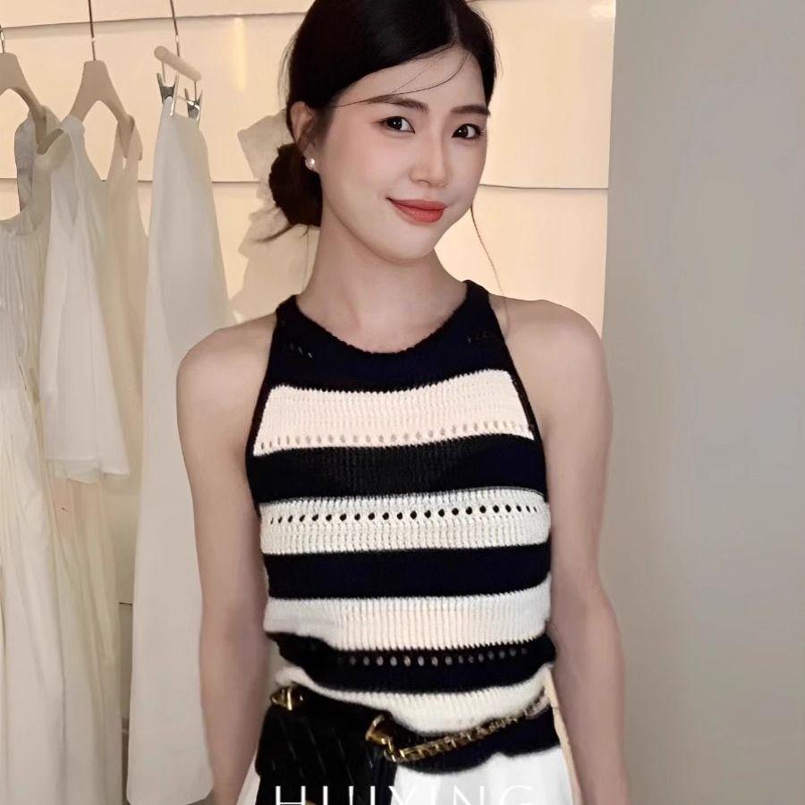 

Гонконгский черно-белый полосатый топ-халтер с открытыми плечами, женский летний трикотажный жилет из ледяного шелка 2025 One Size [Recommended for up to 125 lbs]