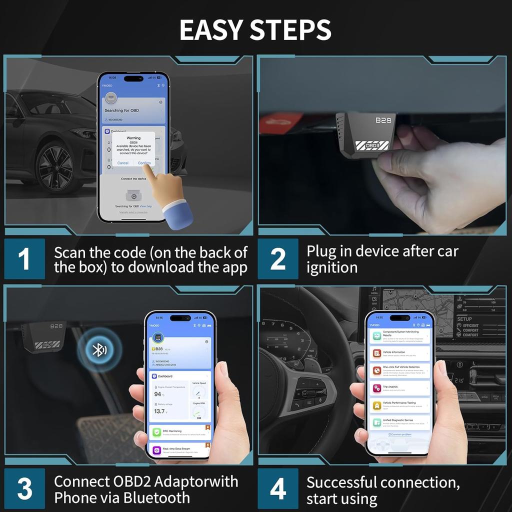 OBD2 Scanner for Car Bluetooth 5.4 - Codes Can Be Read and Cleared Quickly with Android and iOS Compatible - Diagnosis of The Vehicle's Engine, ABS,